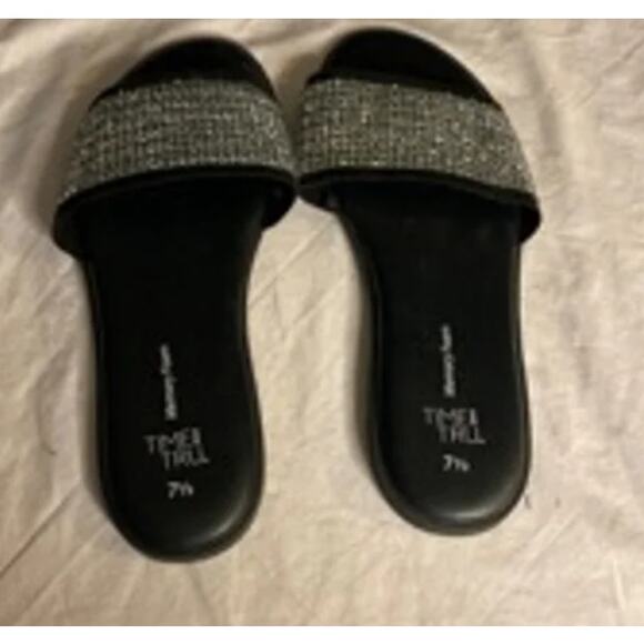 Rhinestone Slide Sandals Black Sparkle Open Toe Slip-On Flats Women’s 7 - Picture 4 of 7